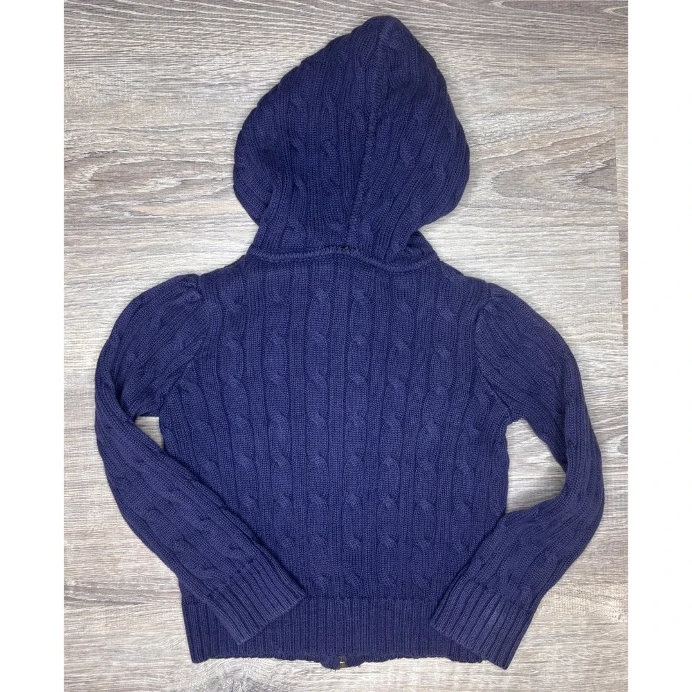 Ralph Lauren Girls Navy Blue Cable Knit Full Zip Hoodie Sweater Size 5 Pink Pony